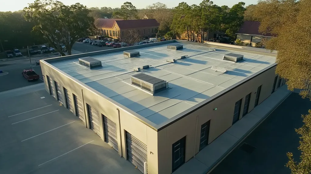 A commercial roof on a storage facility in a location similar to Savannah with a futuristic aesthetic (AI image)