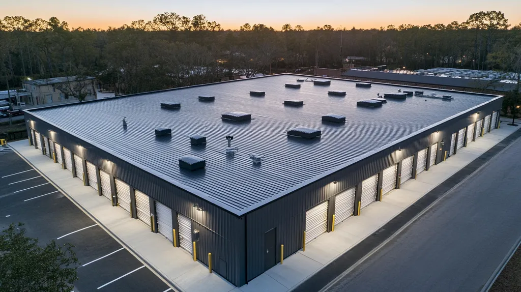 A commercial roof on a storage facility in a location similar to Savannah with an illuminated nightscape aesthetic (AI image)