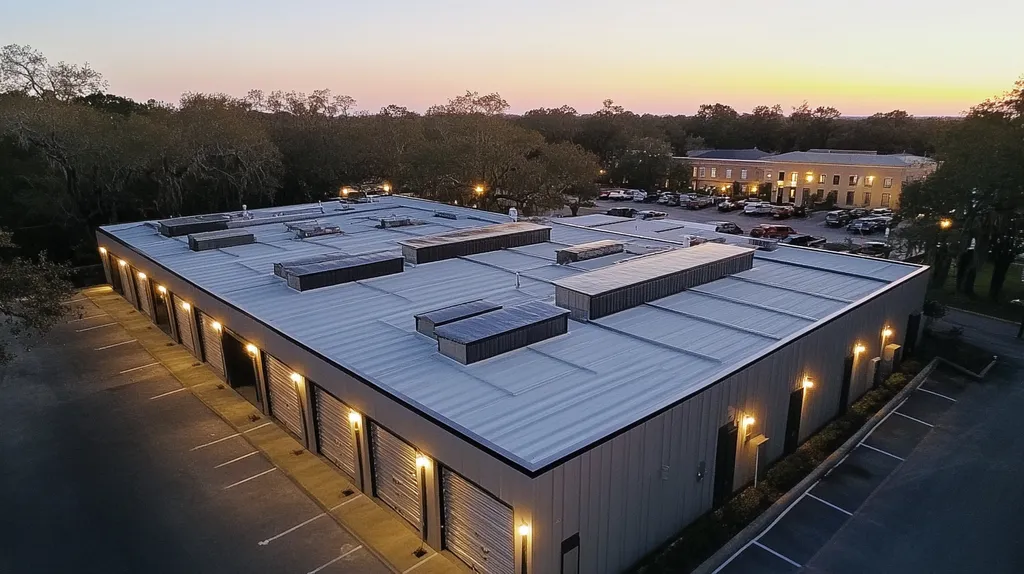 A commercial roof on a storage facility in a location similar to Savannah with an illuminated nightscape aesthetic (AI image)