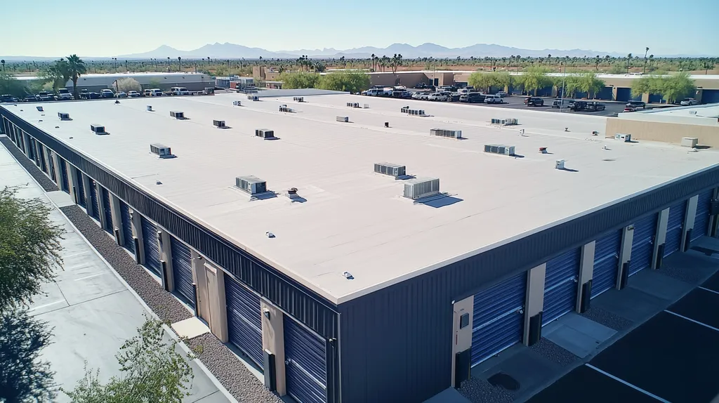 A commercial roof on a storage facility in a location similar to Scottsdale with a cross-processed look aesthetic (AI image)