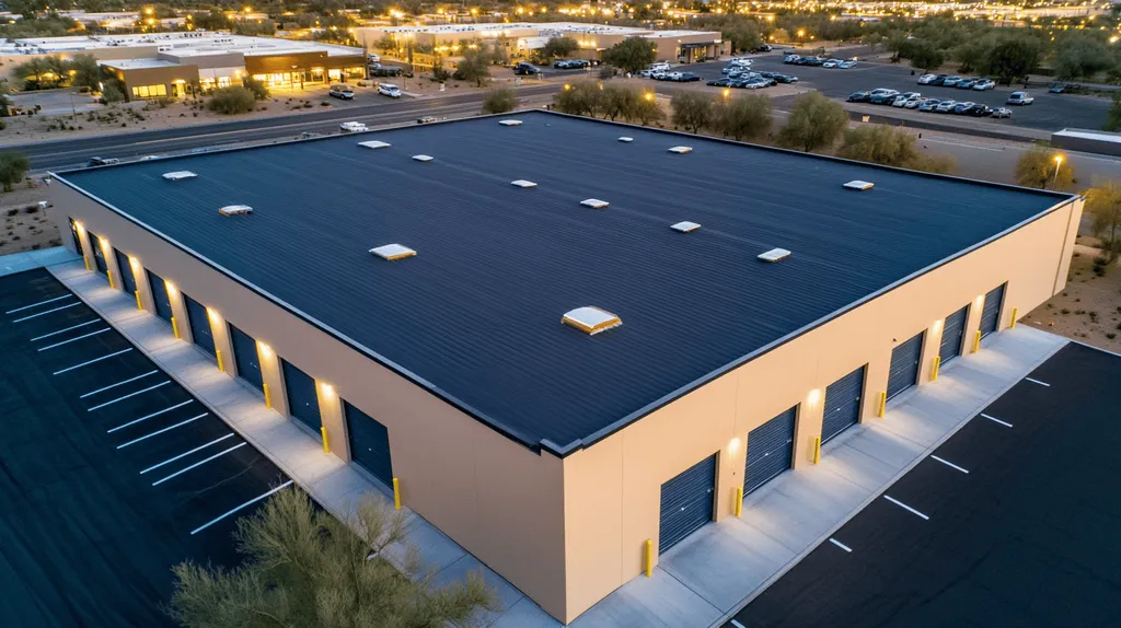 A commercial roof on a storage facility in a location similar to Scottsdale with an illuminated nightscape aesthetic (AI image)