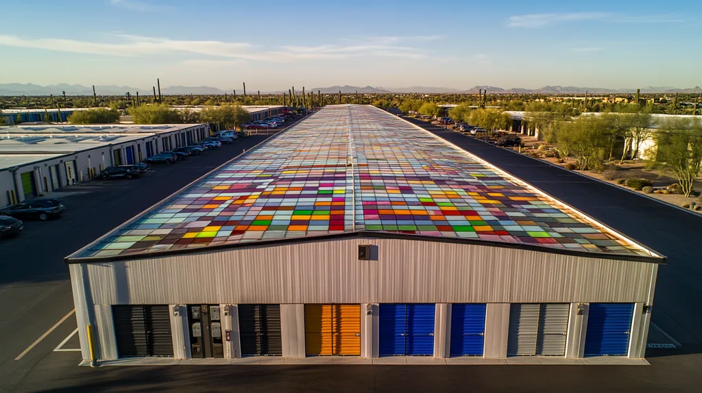 A commercial roof on a storage facility in a location similar to Scottsdale with a stained glass style aesthetic (AI image)