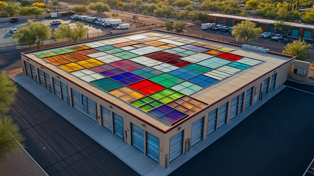 A commercial roof on a storage facility in a location similar to Scottsdale with a stained glass style aesthetic (AI image)