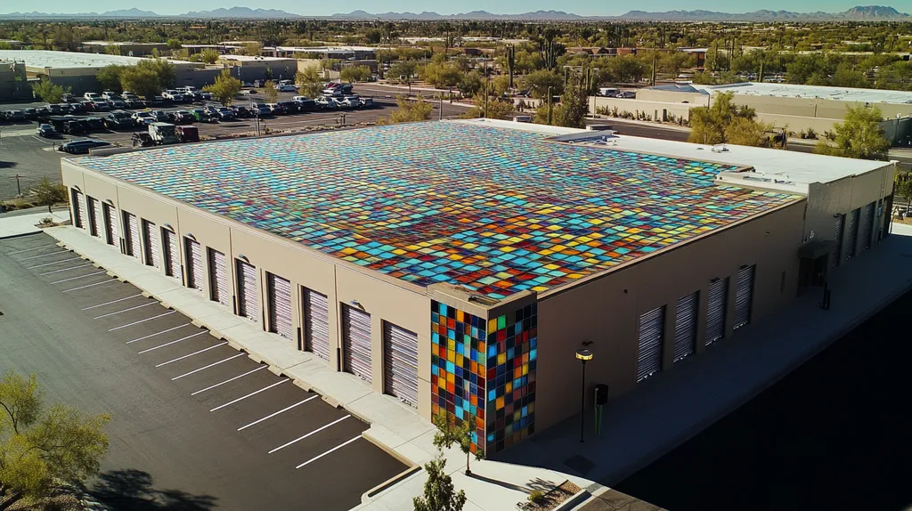 A commercial roof on a storage facility in a location similar to Scottsdale with a stained glass style aesthetic (AI image)
