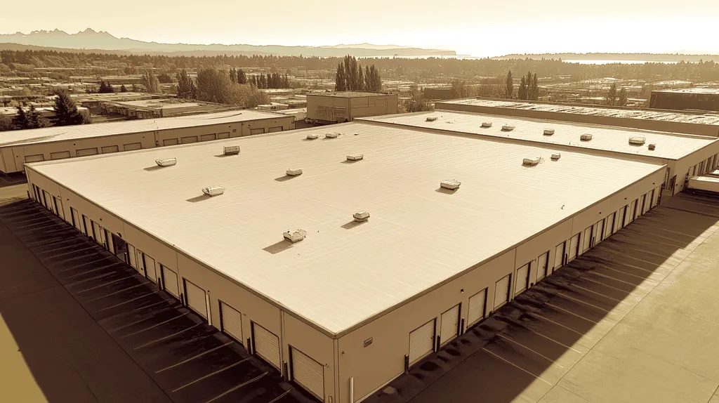 A commercial roof on a storage facility in a location similar to Seattle with an architectural sketch rendering aesthetic (AI image)