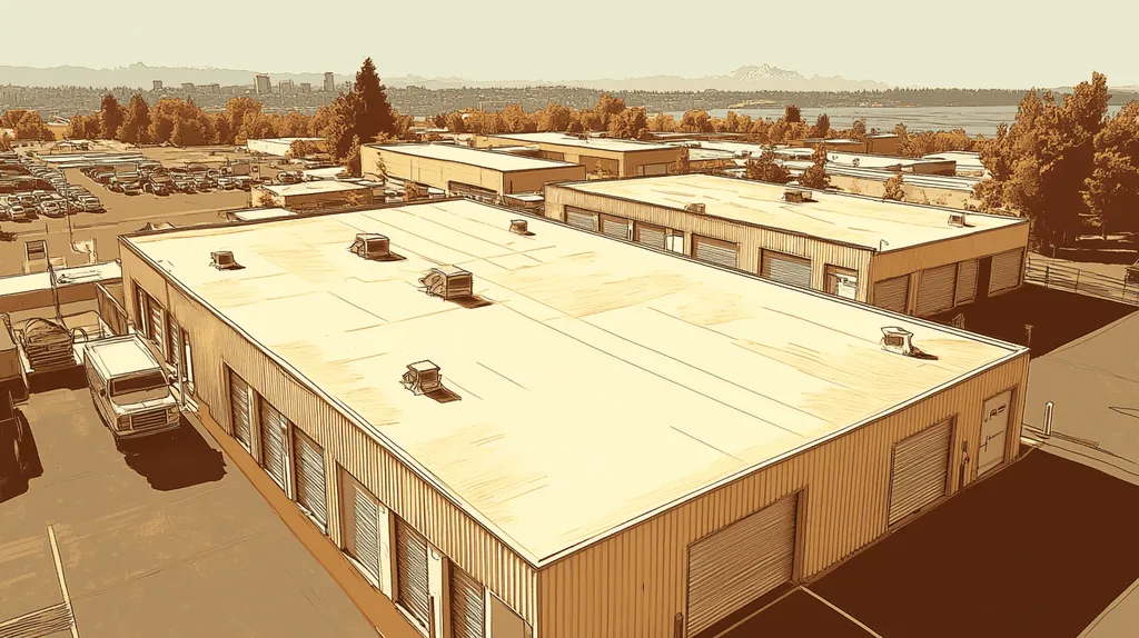 A commercial roof on a storage facility in a location similar to Seattle with an architectural sketch rendering aesthetic (AI image)