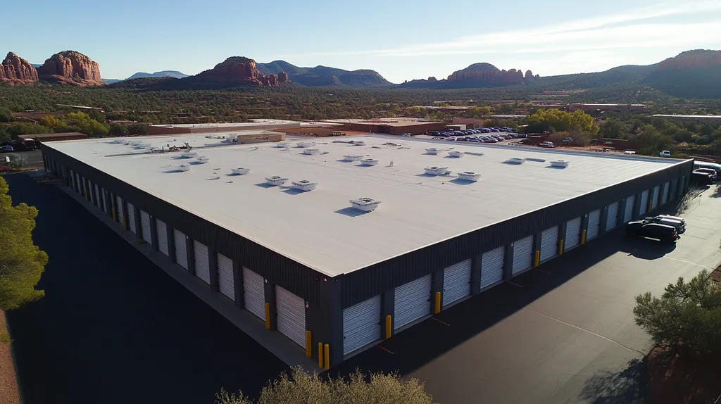 A commercial roof on a storage facility in a location similar to Sedona with an ethereal glow aesthetic (AI image)