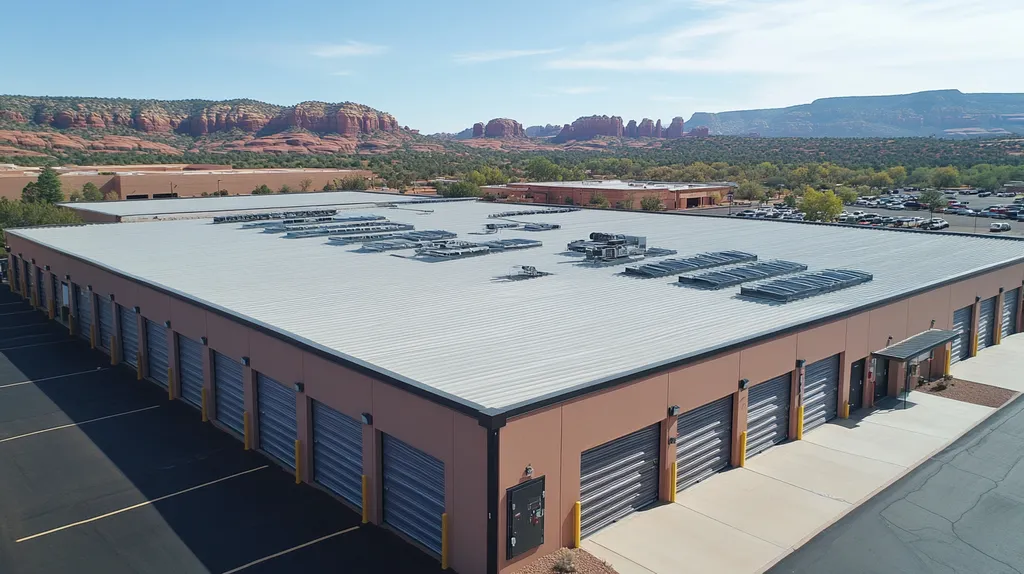A commercial roof on a storage facility in a location similar to Sedona with an urban context aesthetic (AI image)