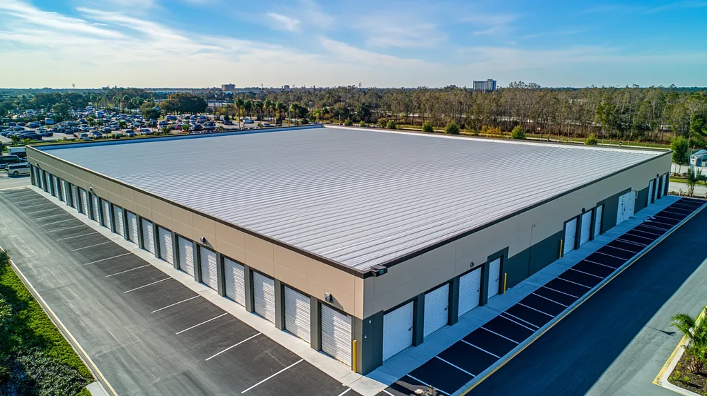 A commercial roof on a storage facility in a location similar to Tampa with an architectural photography aesthetic (AI image)