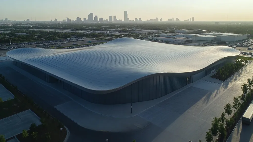 A commercial roof on a warehouse in a location similar to Houston with a futuristic aesthetic (AI image)