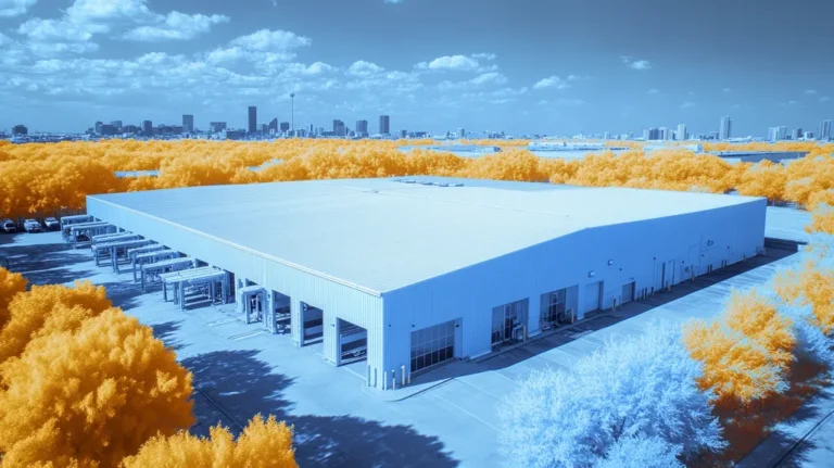 A commercial roof on a warehouse in a location similar to Houston with an infrared photography aesthetic (AI image)