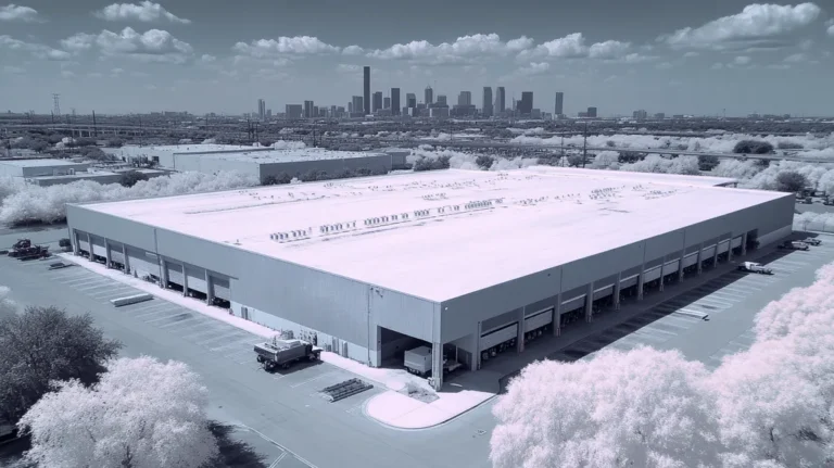 A commercial roof on a warehouse in a location similar to Houston with an infrared photography aesthetic (AI image)