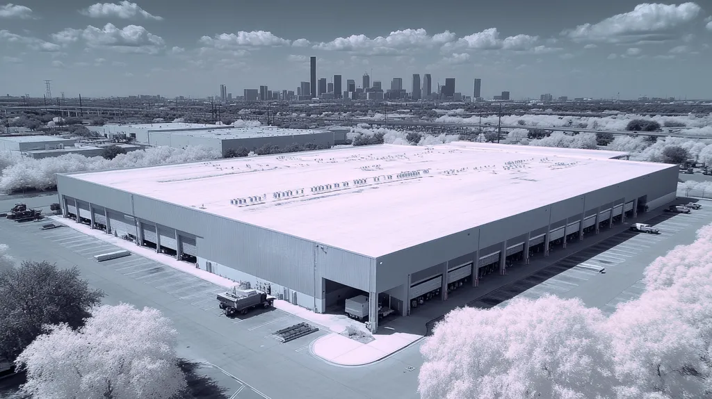 A commercial roof on a warehouse in a location similar to Houston with an infrared photography aesthetic (AI image)
