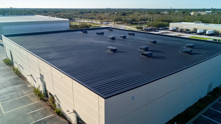 A commercial roof on a warehouse in a location similar to Jacksonville with an architectural photography aesthetic (AI image)