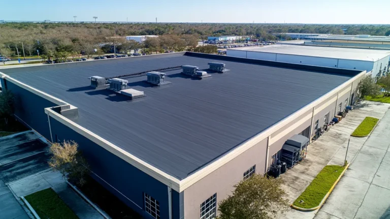 A commercial roof on a warehouse in a location similar to Jacksonville with an architectural photography aesthetic (AI image)