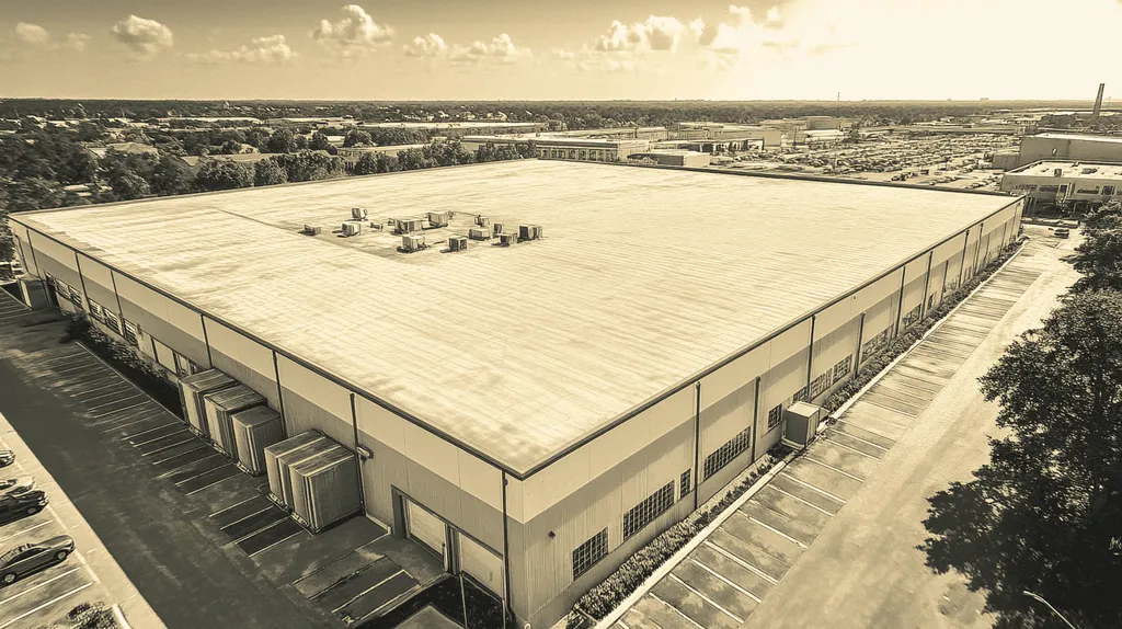 A commercial roof on a warehouse in a location similar to Jacksonville with an architectural sketch rendering aesthetic (AI image)