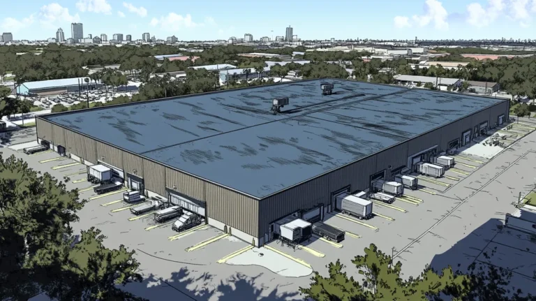 A commercial roof on a warehouse in a location similar to Jacksonville with a comic book style aesthetic (AI image)