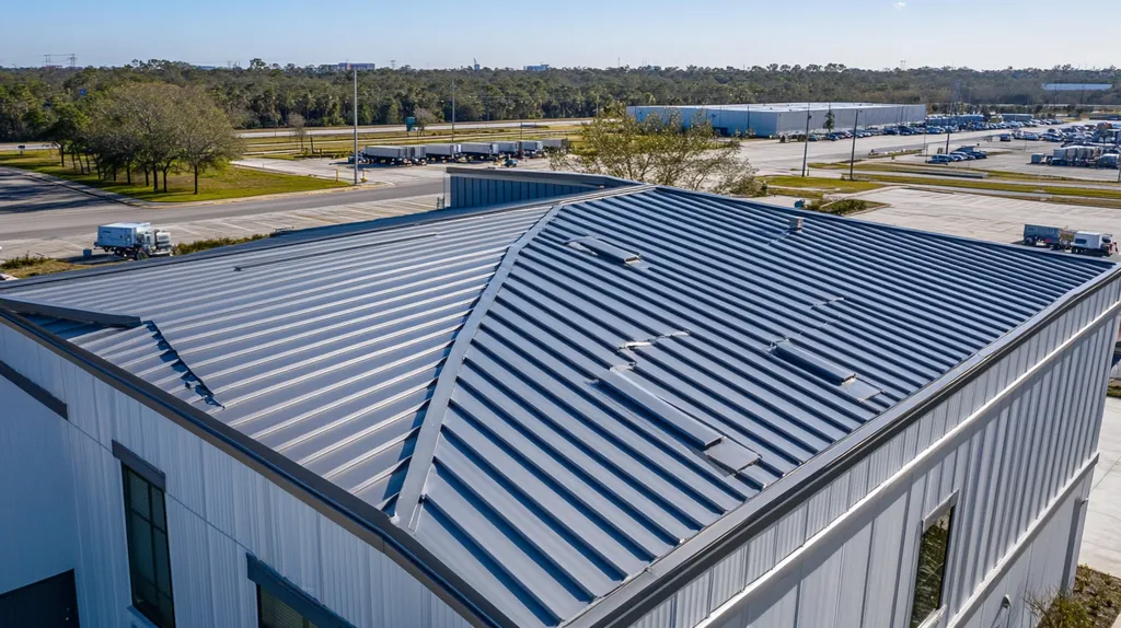 A commercial roof on a warehouse in a location similar to Jacksonville with a stainless steel aesthetic (AI image)