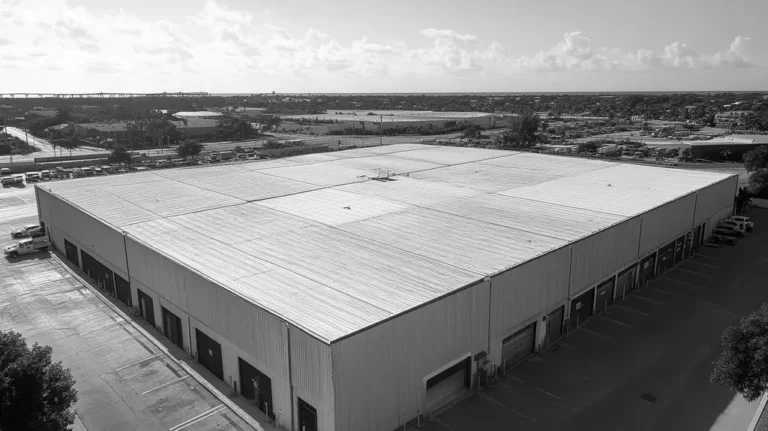 A commercial roof on a warehouse in a location similar to Key West with a black and white photography aesthetic (AI image)