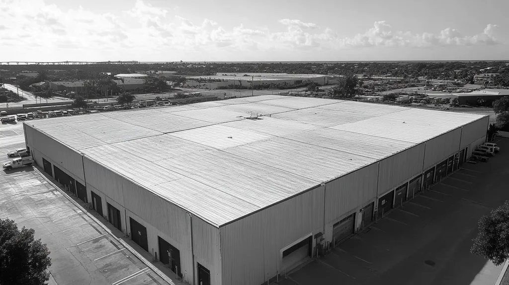 A commercial roof on a warehouse in a location similar to Key West with a black and white photography aesthetic (AI image)
