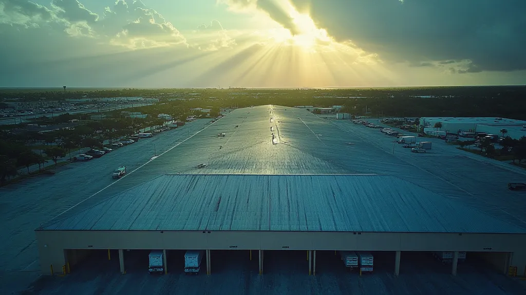 A commercial roof on a warehouse in a location similar to Key West with a light beams aesthetic (AI image)