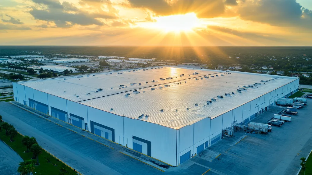 A commercial roof on a warehouse in a location similar to Key West with a light beams aesthetic (AI image)