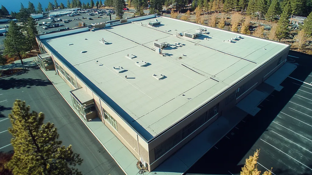A commercial roof on a warehouse in a location similar to Lake Tahoe with a Polaroid aesthetic (AI image)