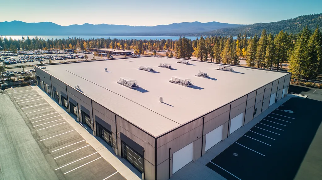 A commercial roof on a warehouse in a location similar to Lake Tahoe with a Polaroid aesthetic (AI image)