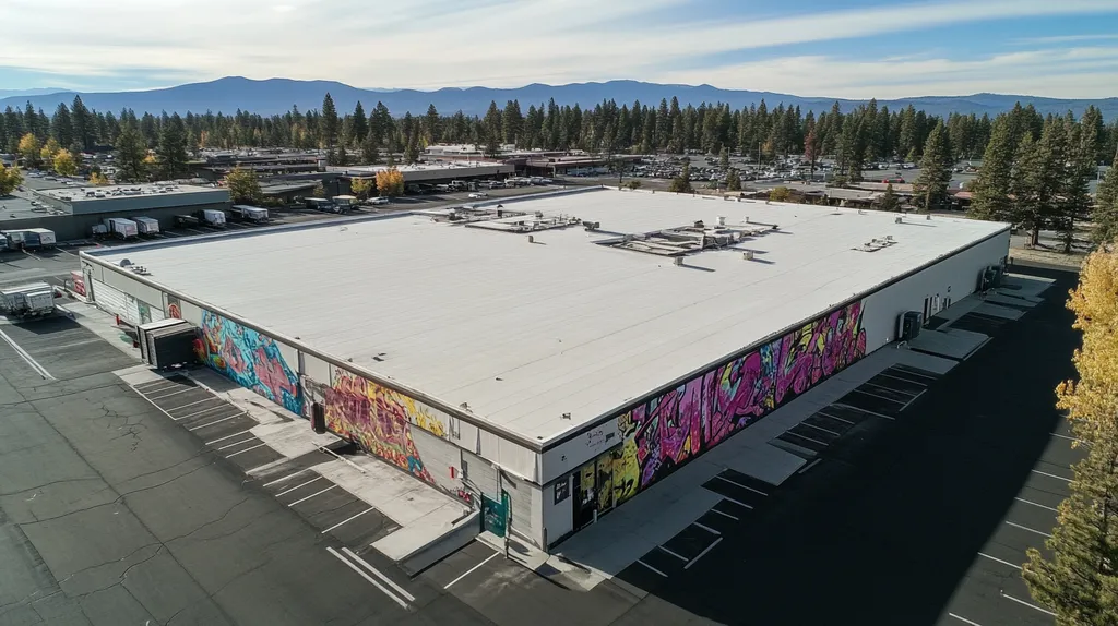 A commercial roof on a warehouse in a location similar to Lake Tahoe with a graffiti mural aesthetic (AI image)