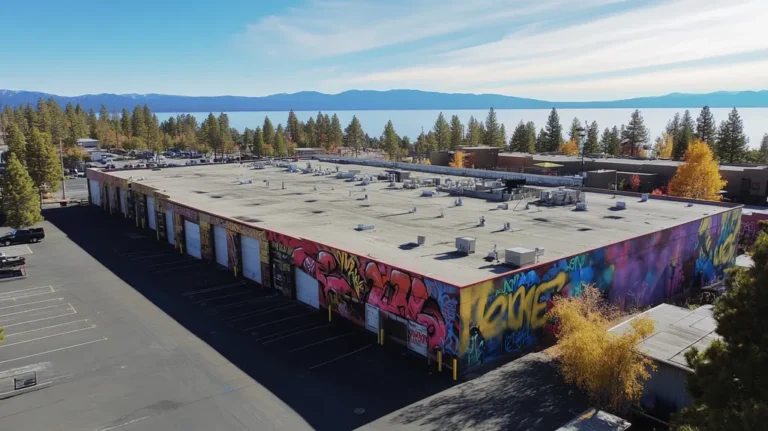 A commercial roof on a warehouse in a location similar to Lake Tahoe with a graffiti mural aesthetic (AI image)