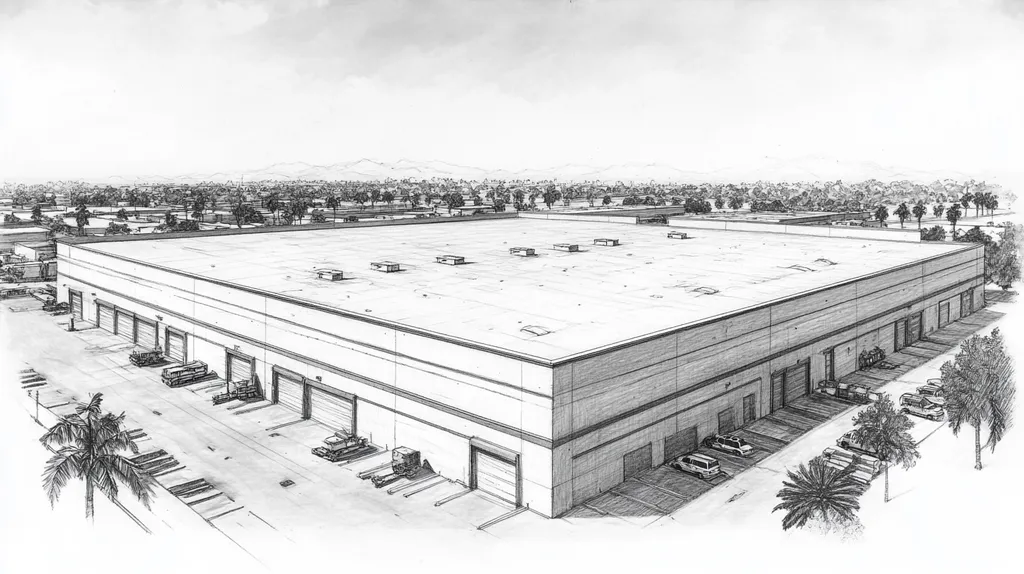 A commercial roof on a warehouse in a location similar to Los Angeles with a charcoal sketch aesthetic (AI image)