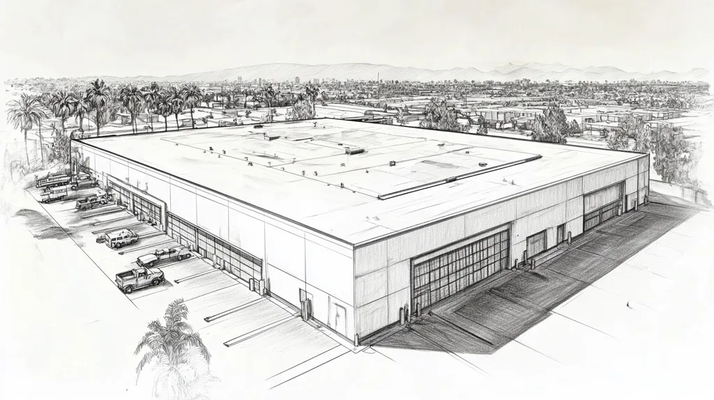 A commercial roof on a warehouse in a location similar to Los Angeles with a charcoal sketch aesthetic (AI image)