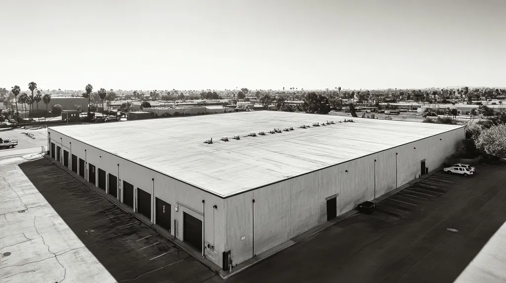 A commercial roof on a warehouse in a location similar to Los Angeles with a charcoal sketch aesthetic (AI image)
