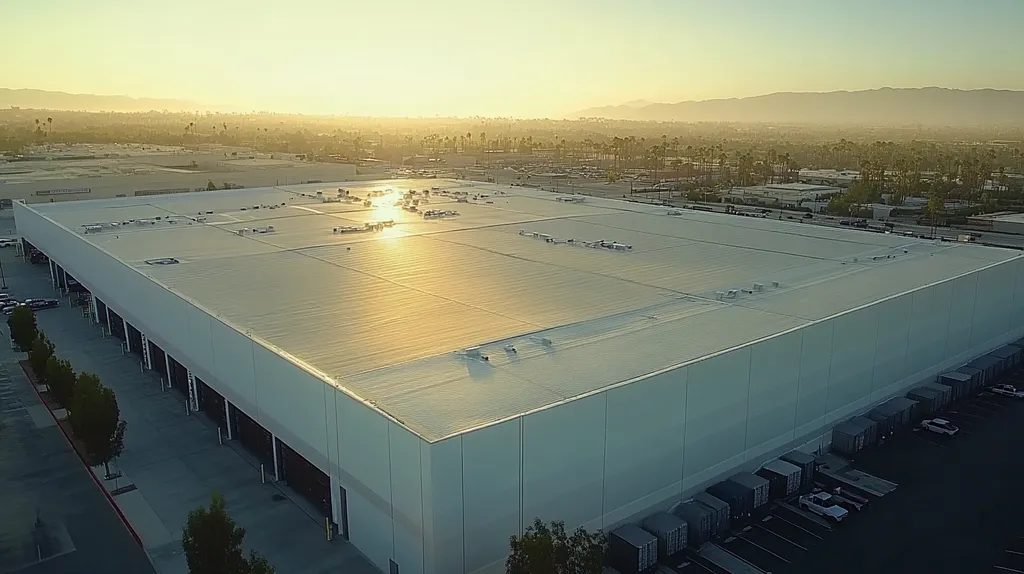 A commercial roof on a warehouse in a location similar to Los Angeles with a futuristic aesthetic (AI image)