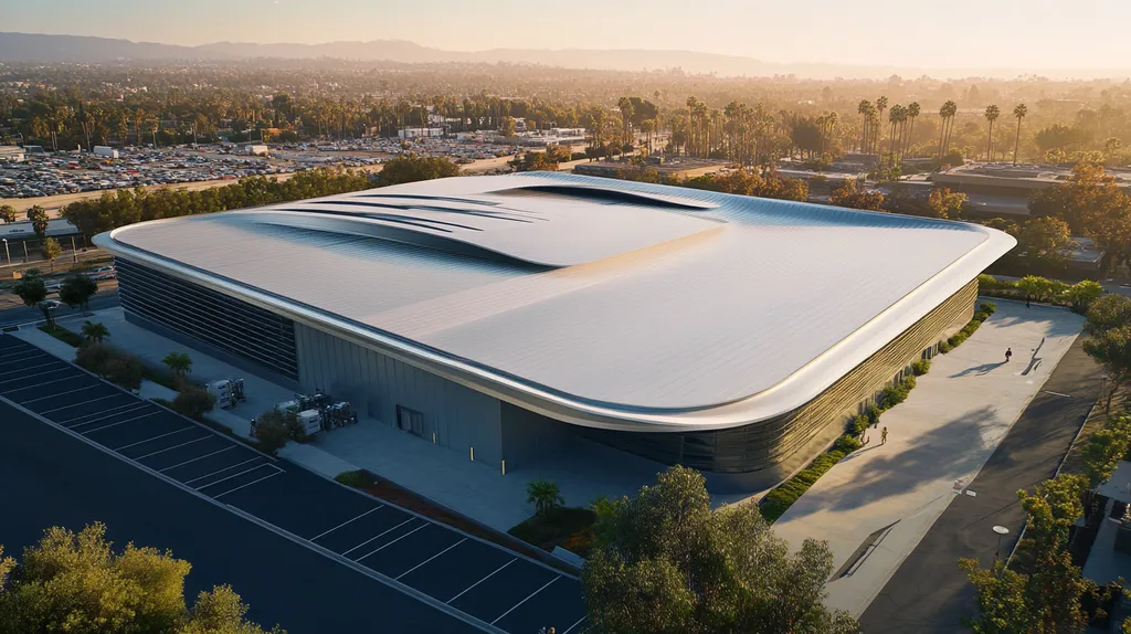 A commercial roof on a warehouse in a location similar to Los Angeles with a futuristic aesthetic (AI image)