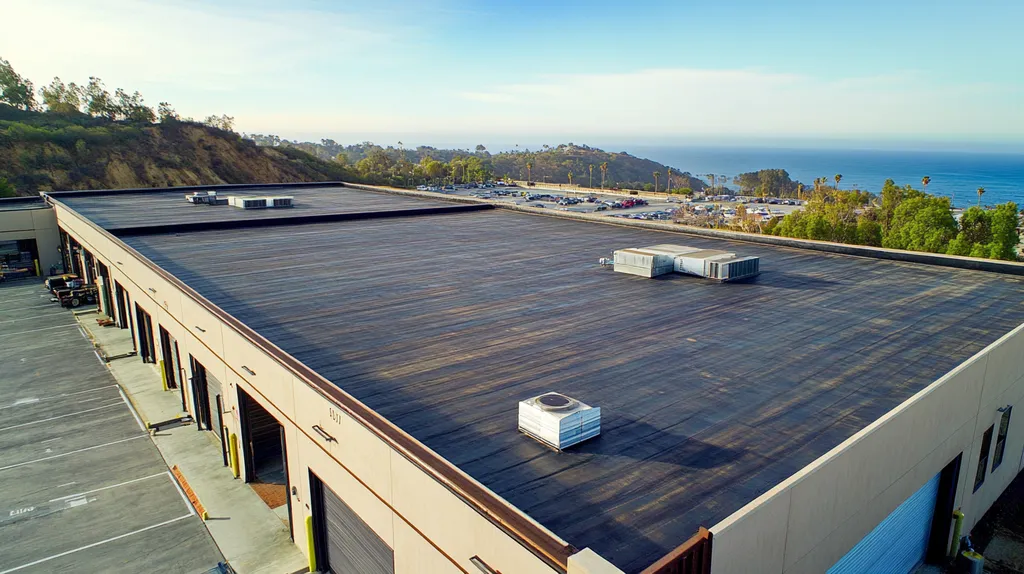 A commercial roof on a warehouse in a location similar to Malibu with a cross-processed look aesthetic (AI image)
