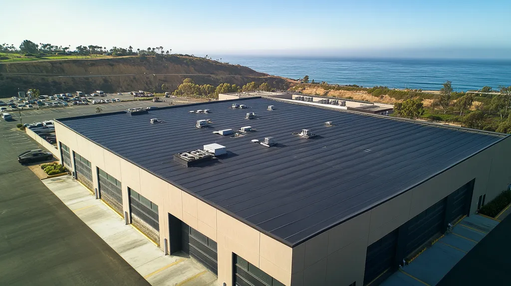 A commercial roof on a warehouse in a location similar to Malibu with a cross-processed look aesthetic (AI image)