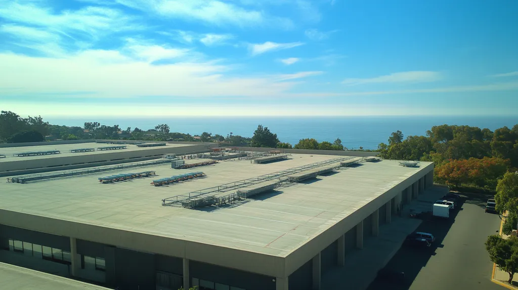 A commercial roof on a warehouse in a location similar to Malibu with a cross-processed look aesthetic (AI image)