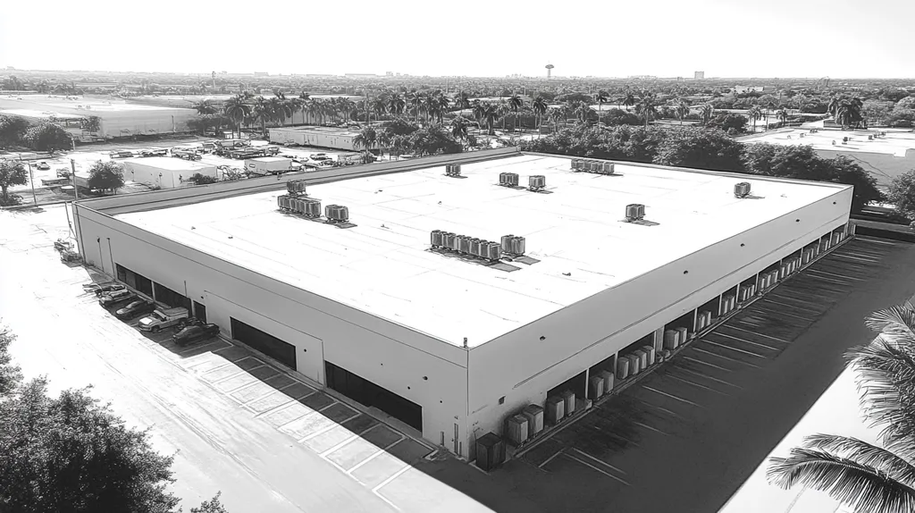 A commercial roof on a warehouse in a location similar to Miami with a charcoal sketch aesthetic (AI image)
