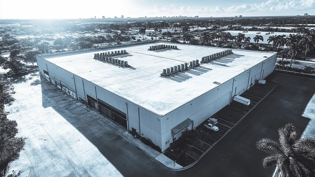 A commercial roof on a warehouse in a location similar to Miami with a charcoal sketch aesthetic (AI image)