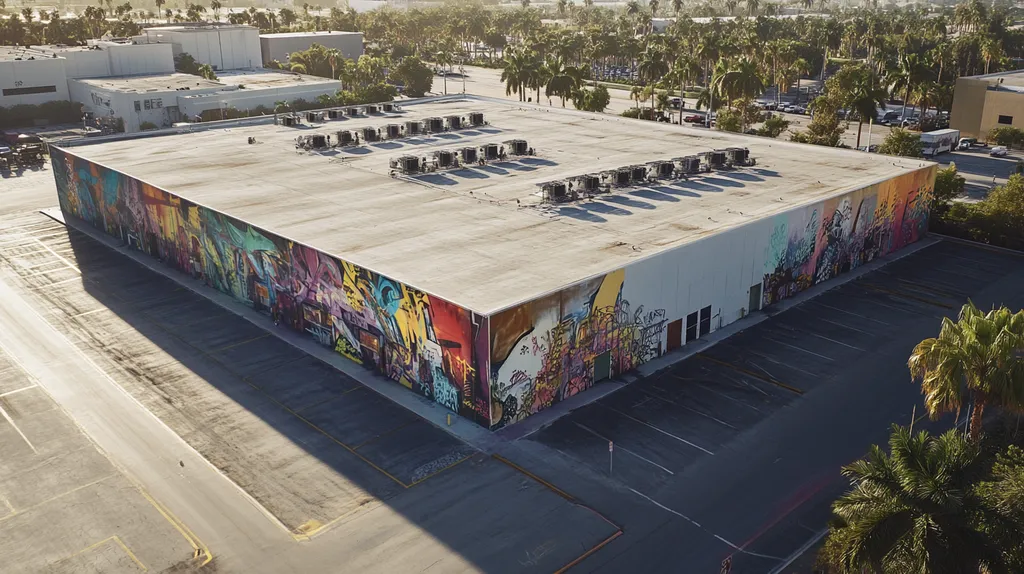 A commercial roof on a warehouse in a location similar to Miami with a graffiti mural aesthetic (AI image)