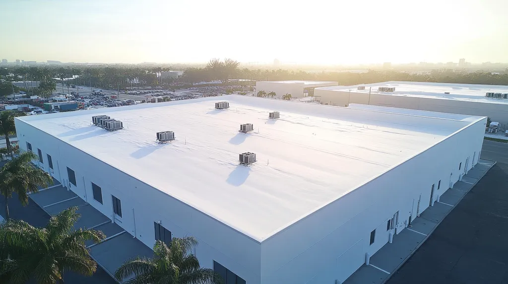 A commercial roof on a warehouse in a location similar to Miami with a snowy day aesthetic (AI image)