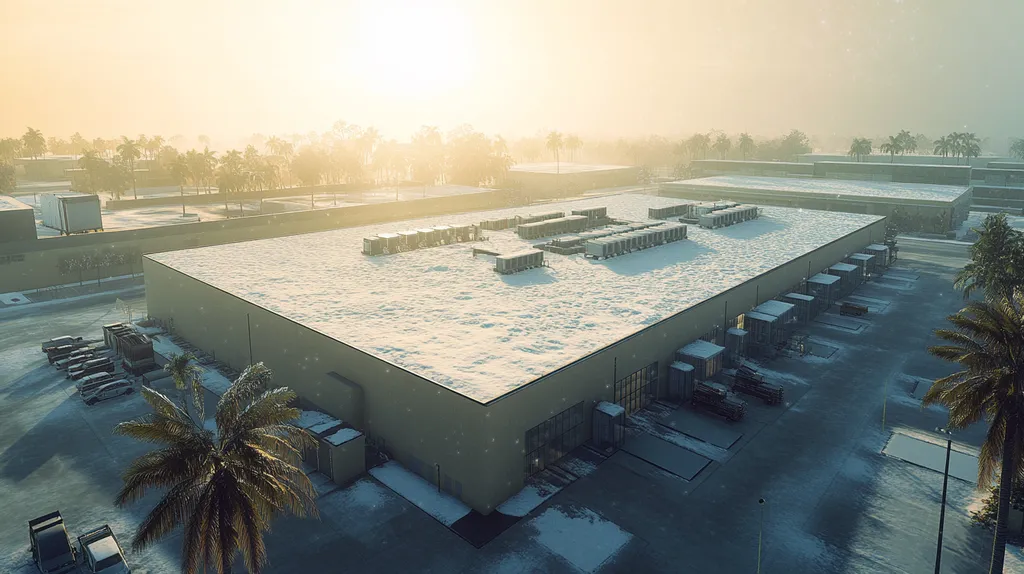 A commercial roof on a warehouse in a location similar to Miami with a snowy day aesthetic (AI image)
