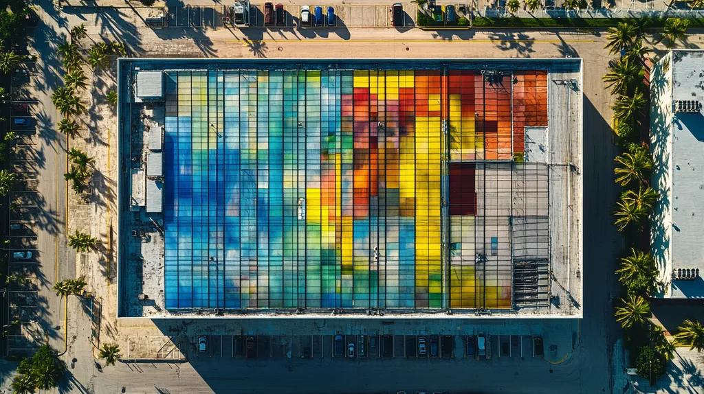 A commercial roof on a warehouse in a location similar to Miami with a stained glass style aesthetic (AI image)
