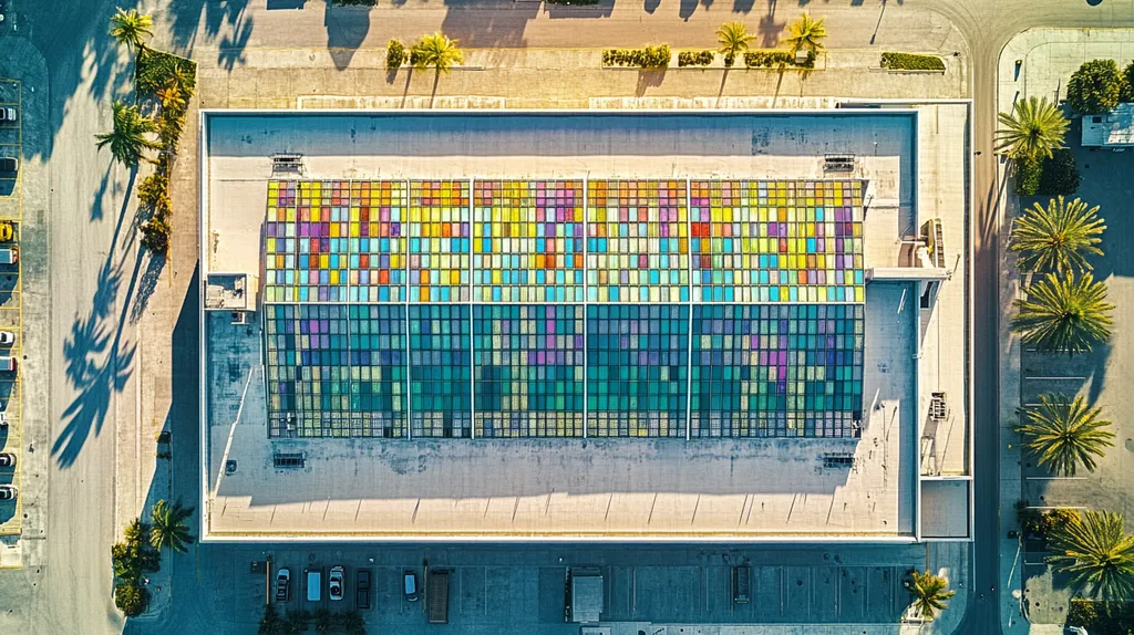 A commercial roof on a warehouse in a location similar to Miami with a stained glass style aesthetic (AI image)