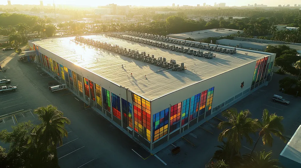 A commercial roof on a warehouse in a location similar to Miami with a stained glass style aesthetic (AI image)