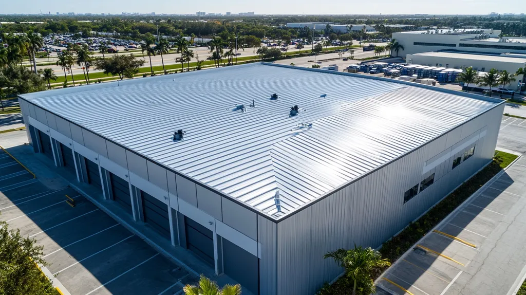A commercial roof on a warehouse in a location similar to Miami with a stainless steel aesthetic (AI image)