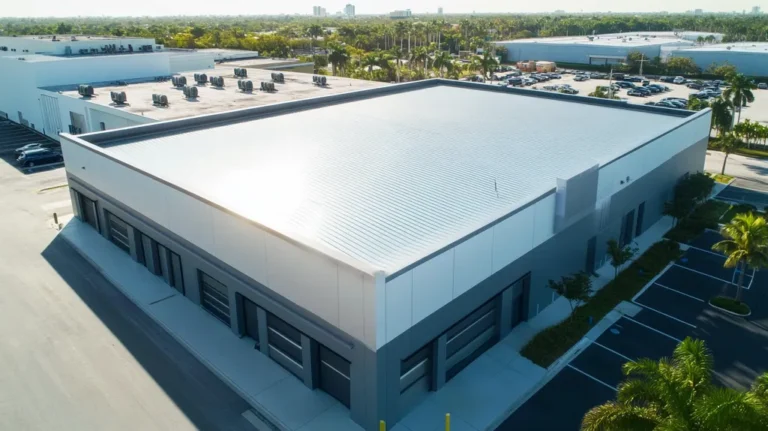 A commercial roof on a warehouse in a location similar to Miami with a stainless steel aesthetic (AI image)