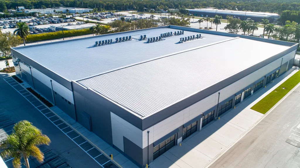 A commercial roof on a warehouse in a location similar to Miami with a stainless steel aesthetic (AI image)
