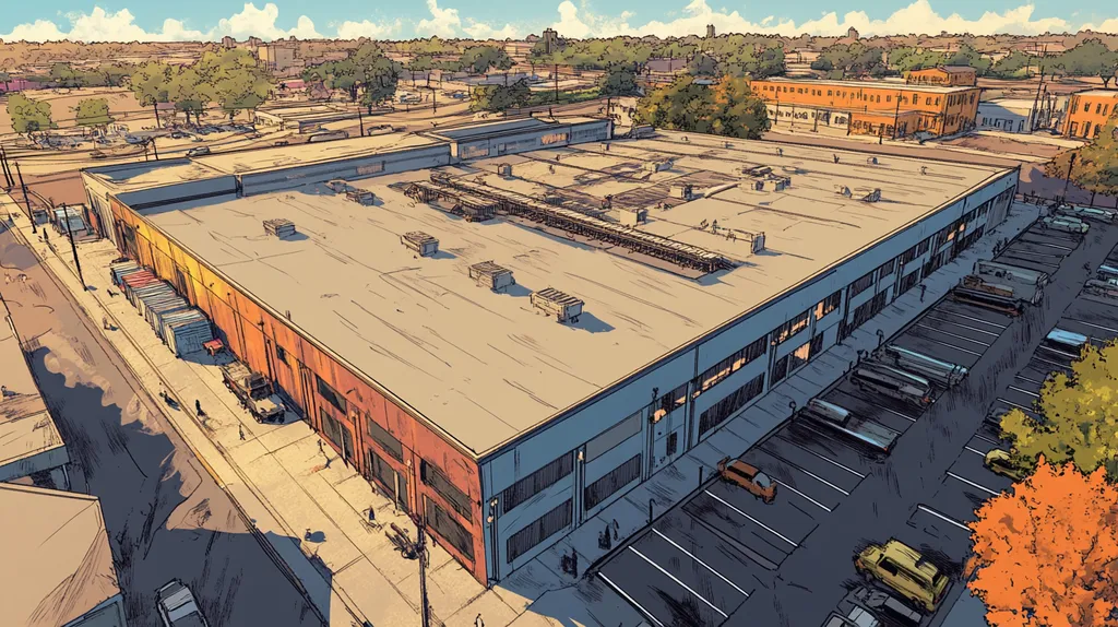 A commercial roof on a warehouse in a location similar to New Orleans with a comic book style aesthetic (AI image)